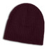 A Nebraska Cable Knit Beanie in a rich burgundy color, featuring a ribbed texture.