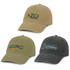 Three faded caps in khaki, olive, and dark grey, each featuring a logo on the front.