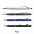 A collection of four stylus pens in silver, brown, blue, and black, featuring a logo on each.