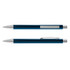 A metal pen with a deep blue finish and silver accents, featuring a clip and a sleek design.