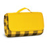 A rolled picnic blanket in yellow and black check pattern, featuring a handle for easy transport.