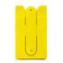 A bright yellow phone wallet with a clip design, featuring a simple and sleek shape. It includes a branding logo.