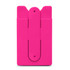 A pink phone wallet with an attachment mechanism on the back and a logo.