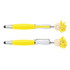 A yellow pen with a smiling head and mop-like hair at the top, featuring a silver clip and accents.