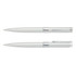 A silver and white metal pen set featuring a sleek design and a clip. Includes one capped and one retractable pen.