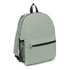 A green backpack with a front zip pocket and a mesh side pocket, featuring a logo on the front.