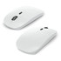 A white travel mouse is displayed from two angles, featuring a sleek design and a scroll wheel.