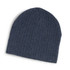 A grey cable knit beanie with a ribbed texture and a soft appearance. It has a logo on it.