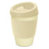 A drink bottle in a soft beige colour, featuring a curved lid and textured body, with a logo displayed.
