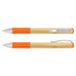 A bamboo twist pen with orange rubber grips and silver accents. It features a clip and smooth writing tip.