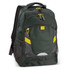 A dark green backpack with yellow accents and zippered compartments, featuring mesh side pockets.