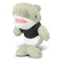 A plush shark toy in grey and white, wearing a black T-shirt. It has a friendly smile and soft texture.
