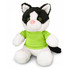 A black and white cat plush toy wearing a bright green shirt with green eyes and a pink nose.