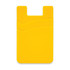 A yellow dual silicone phone wallet with two curved sections and a logo.