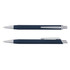 A metal pen in dark blue with a silver clip and tip, featuring a logo.
