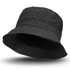 A black oilskin bucket hat with a wide brim and a soft inner lining, featuring a logo on the side.