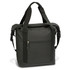 A roll top cooler bag in dark grey, featuring sturdy handles and a zippered front pocket. It includes a logo.