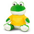 A green frog plush toy wearing a yellow shirt, seated with large, expressive eyes and white underbelly.