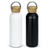 A drink bottle in white and black with a bamboo lid and a carry handle, featuring a logo.