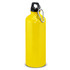 A drink bottle in bright yellow, made of metal with a black cap and a carabiner clip.