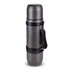 A drink bottle with a grey stainless steel body and a black strap, featuring a branding logo.