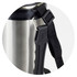 A drink bottle with a stainless steel body and a black strap attached, featuring a hook for easy carrying.