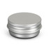 A silver lip balm tin with a smooth, rounded top and a ribbed edge. It has a minimalist design and a logo.