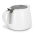 A white teapot with a stainless steel lid and a sleek handle, designed for serving tea.
