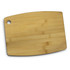 A bamboo chopping board in a natural wood colour with a rounded edge and a hole for hanging.