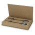 A set of stainless steel salad servers in a brown cardboard box, featuring a textured handle design.