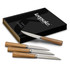 A Keepsake Steak Knife Set featuring four knives with stainless steel blades and wooden handles, presented in a black box.