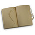 A kraft notebook with lined pages, featuring a ribbon bookmark and an elastic closure.