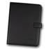 A black portfolio featuring a smooth finish and a secure closure, ideal for office and business use.