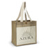 A natural jute tote bag with a cream front panel and sturdy handles, featuring a logo.