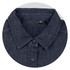 A close-up of a dark denim button-up shirt with a collar and navy buttons. The shirt has a logo tag inside.