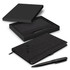 A black writing set featuring a notebook and pen, presented in a sleek black gift box with a logo.