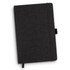 A black notebook with a textured cover, featuring an elastic band closure and a ribbon marker.