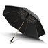 A black sports umbrella with a wooden handle and a sleek design. It features a logo on the shaft.