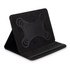 A black tablet case with a textured front and a foldable stand feature. It includes a logo detail.