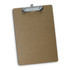 A brown clipboard made of hardboard with a metal clip at the top for holding papers.
