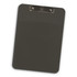 A dark grey clipboard with a clip at the top and rulers marked along the edges. It features a branding logo.