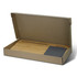 A bamboo lap desk in a cardboard box, featuring a sleek grey section and a smooth bamboo surface.