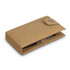 A cork manicure set in a tan case, featuring tools within, secured by a snap closure. The case is embossed with a logo.