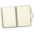 A spiral notebook with beige covers and lined pages, featuring a logo on the bottom corners.
