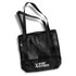A black mesh sports tote bag with two shoulder straps and a logo on the front.