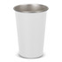 A drink bottle with a white exterior and a stainless-steel interior, featuring a simple design and a logo.