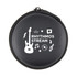 A round black case featuring a guitar design and music-themed graphics, including a logo and various symbols.