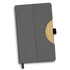 A grey notebook with a wooden accent and a pocket for cards, featuring a ribbon bookmark and a logo.
