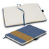 A denim notebook featuring a blue cover with a brown band, open to reveal lined pages and a ribbon bookmark.