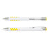 A metal pen with a white barrel and yellow accents, featuring a clip and grip design. It includes a logo.